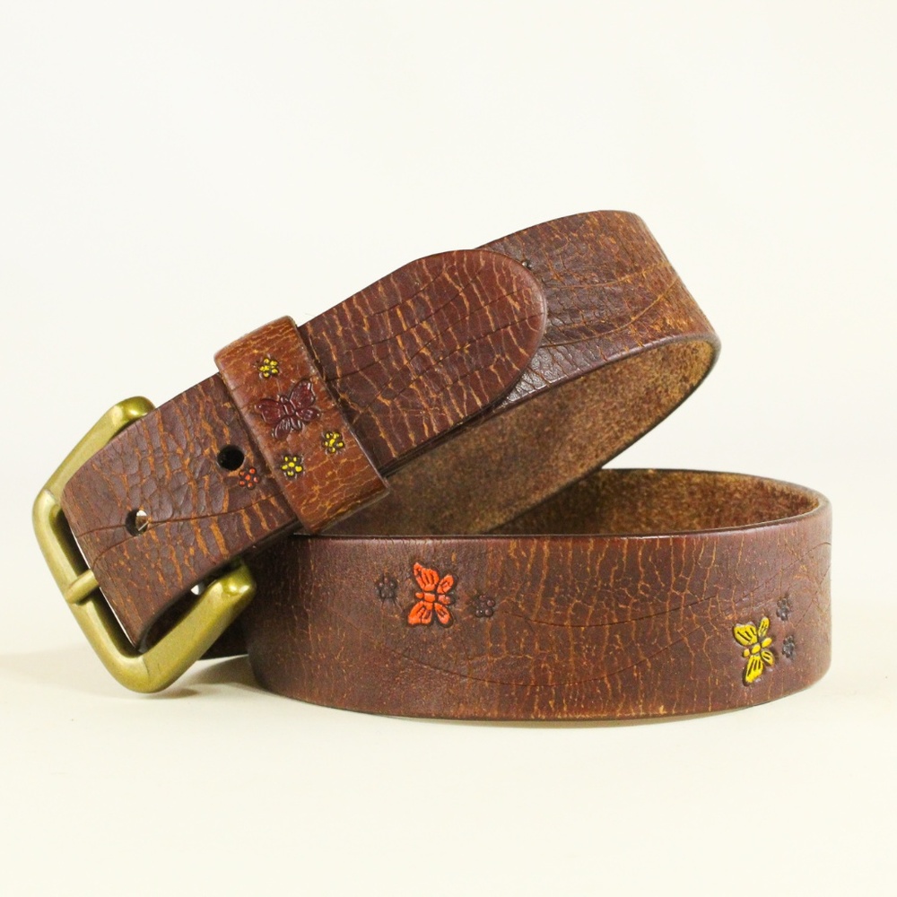Vintage Hippie Tooled Leather Butterfly Belt